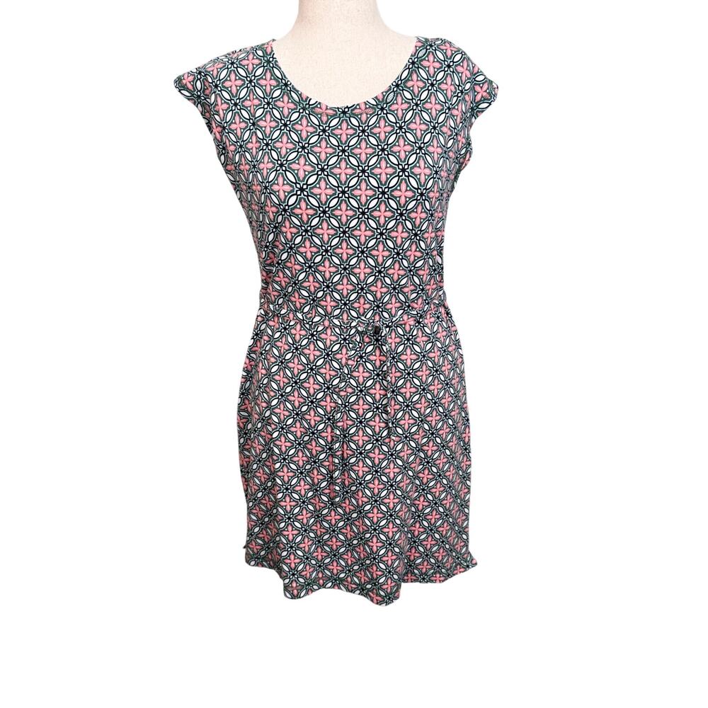 Talbots dress knit green white pink pattern cap sleeve scoop neck self tie Sz M